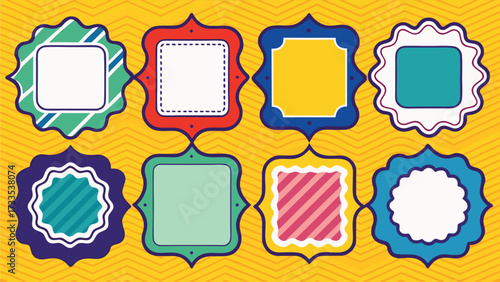 An assortment of decorative frames in bright colors with unique designs..eps