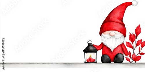 Cute christmas hand drawn gnome with lantern. Festive holiday illustration whimsical winter holding glowing light perfect decoration element charming seasonal graphic ideal
