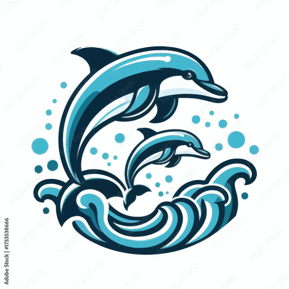 Fototapeta premium Two Dolphins Jumping Through Waves.