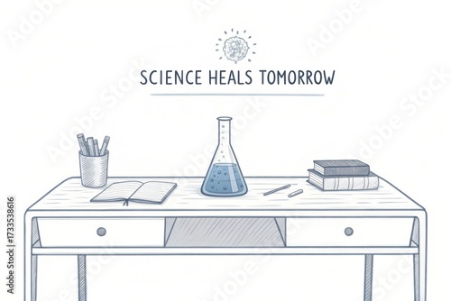 Illustration of desk with a science flask and inspirational quote