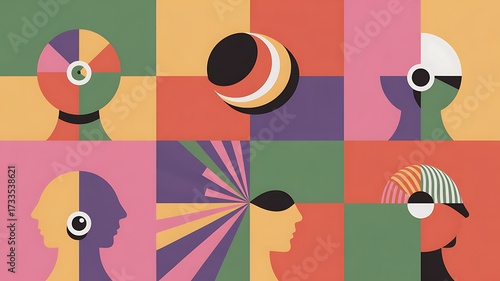 Create a design exploring human psychology through vibrant colors, capturing emotion from an eye-level perspective, emphasizing mood impact.