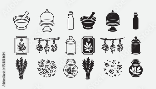 botanical healing and aromatherapy icon with herbal set and apothecary tools. remedy apothecary pack with outline and solid herbal element. herbs, apothecary, mortar, potion bottle, storage box