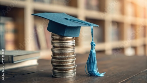Graduation cap balanced on stack of coins representing education costs