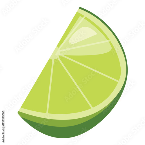 Vector illustration of a fresh lime wedge in bright green with juicy segments, isolated on white background. Clean flat design perfect for citrus, food, and beverage graphics.