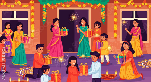 Cheerful Illustration Depicting a Diwali Celebration with Family Exchanging Gifts