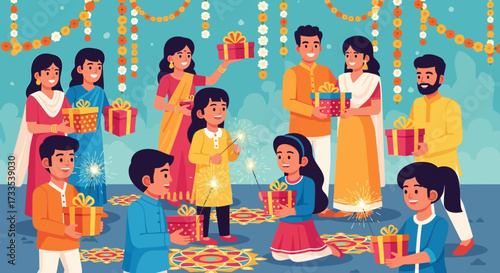 Cartoon Style Cheerful Family Celebrating Festival with Gift and Sparkler Illustration