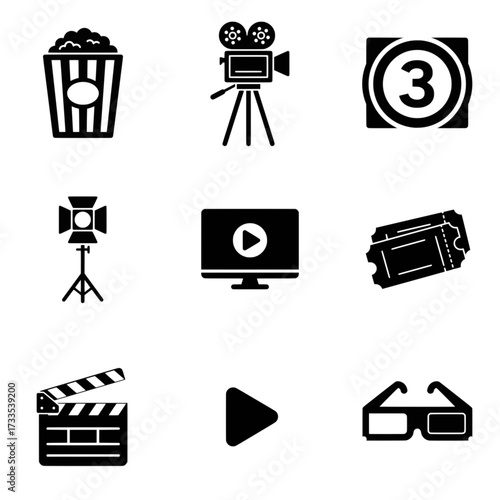 Vector icons set for cinema and movies including popcorn film camera clapperboard tickets 3D glasses and play button