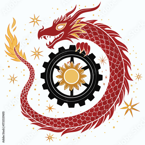 A majestic red dragon coiled around a gear with a sun.