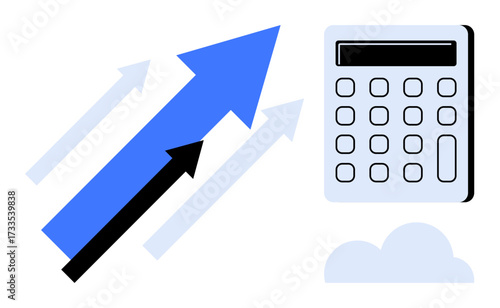 Upward arrows pointing to growth beside a calculator, symbolizing financial calculations, success, and planning. Ideal for finance, business, strategy, progress, accounting analytics
