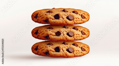 Delicious chocolate chip cookies stacked in various heights on a clean background. Freshly baked treat pyramid delightful cocoa morsel biscuit arrangement culinary photography sweet