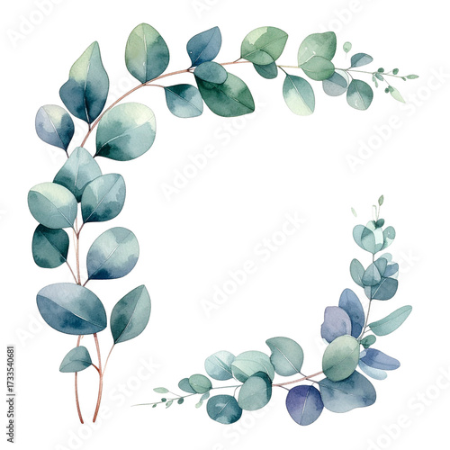 Eucalyptus Leaves Watercolor Frame Watercolor PNG: A delicate watercolor illustration showcases an elegant arrangement of eucalyptus leaves, their serene shades bringing a touch of nature's elegance. 