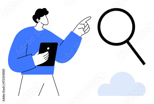 Person holding tablet and gesturing toward giant magnifying glass, symbolizing research and discovery. Ideal for exploration, innovation, strategy, learning, search, curiosity, simple flat metaphor