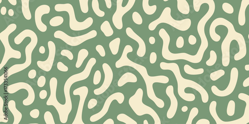 Seamless vector illustration of an organic camouflage pattern. Abstract background with fluid, blob-like shapes in a muted green and cream palette