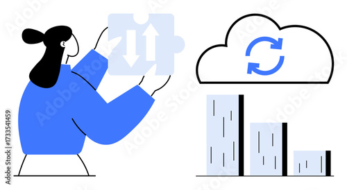 Woman holding a puzzle piece with arrows, cloud sync icon, and bar chart representing analytics, teamwork, innovation, cloud computing, marketing strategy, synergy and problem-solving. Ideal