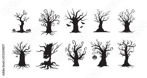 Halloween hand drawn spooky tree doodle silhouette set. Creepy trees 