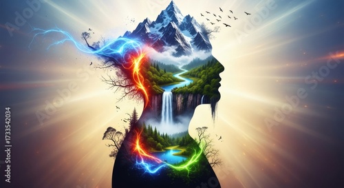 Human Nature Fusion: Silhouette Profile Transforming into Flowing Landscape, Ecosystems, Forests, Rivers and Mountains