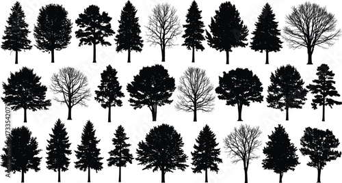 Tree silhouette set, botanical illustration, forest elements, diverse tree shapes, coniferous and deciduous trees, nature vector, seasonal variation, landscape design