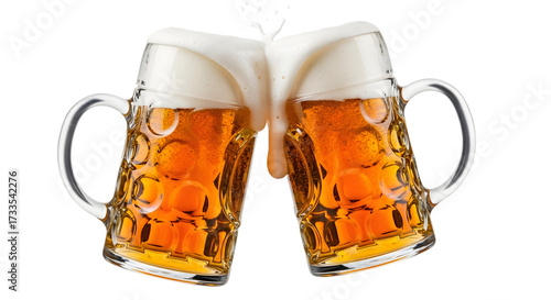Two frosty beer mugs clinking together with frothy beer splashing out, isolated on transparent background