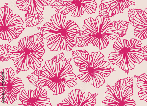 Seamless hibiscus illustration pattern, Botanical pattern, light blue, background image of southern country and hawaii and tropical image | apparel, textile. pink line art.
