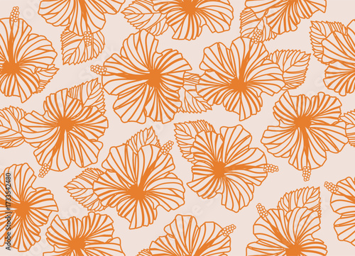 Seamless hibiscus illustration pattern, Botanical pattern, light blue, background image of southern country and hawaii and tropical image | apparel, textile. yellow line art.