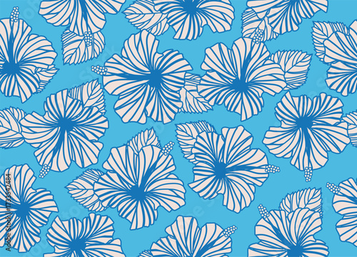 Seamless hibiscus illustration pattern, Botanical pattern, light blue, background image of southern country and hawaii and tropical image | apparel, textile. blue line art.