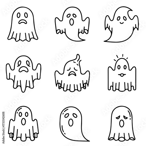 A collection of nine black and white line art icons featuring various cartoon ghosts with different expressions and shapes