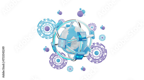 A 3D rendering of a digital Earth globe, symbolizing a global network with connected laptops and futuristic technological elements.