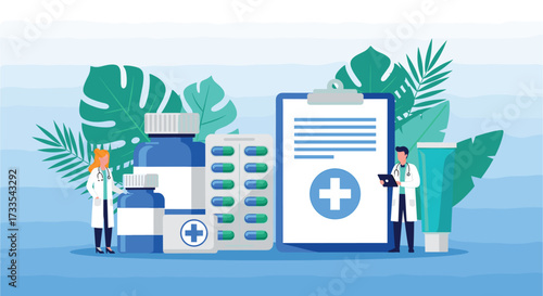 Healthcare Professionals with Medication and Medical Chart, Illustrating Modern Medicine, Treatment Plans, and Pharmaceutical Industry, Against a Tropical Background with Leaves