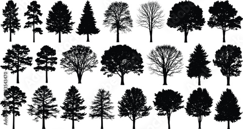 Tree silhouette set, diverse tree shapes, botanical vector, forest illustration, coniferous and deciduous trees, nature design, isolated icons, landscape elements