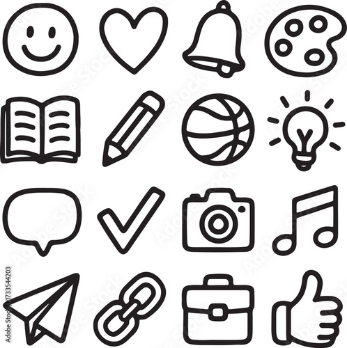 Hand-drawn liner icon pack, playful sketchy outline style, irregular strokes, fun and creative doodle collection, suitable for kids, school, lifestyle, and social media themes, black and white vector 