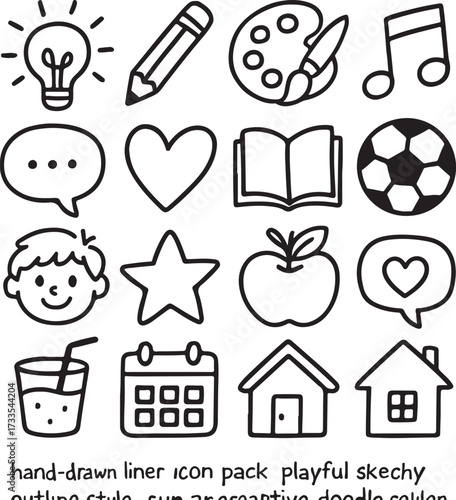 Hand-drawn liner icon pack, playful sketchy outline style, irregular strokes, fun and creative doodle collection, suitable for kids, school, lifestyle, and social media themes, black and white vector 