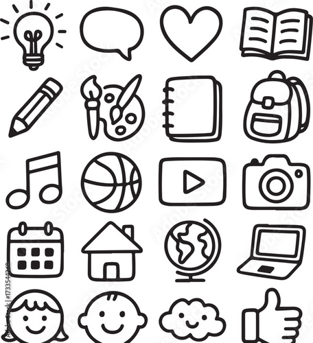 Hand-drawn liner icon pack, playful sketchy outline style, irregular strokes, fun and creative doodle collection, suitable for kids, school, lifestyle, and social media themes, black and white vector 