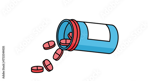 Illustration of a blue medicine bottle with a red cap, spilling out several pink pills.