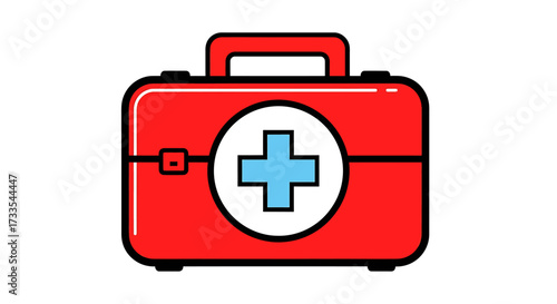 A red first aid kit with a white circle and a blue cross symbol on its front.