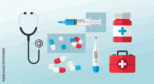 An assortment of medical equipment and supplies, including a stethoscope, syringe, pills, thermometer, and a first-aid kit.