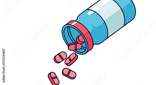 A simple illustration of a blue and white medicine bottle tipped over, with pink pills spilling out onto a white surface.