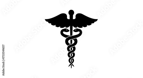 Black caduceus symbol with two snakes and wings on a white background, representing medicine and healthcare.