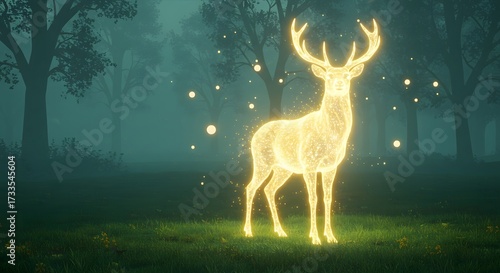 Ethereal Golden Stag Illuminated by Magical Fireflies in a Misty Enchanted Forest