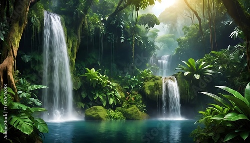 Beautiful jungle landscape features a fresh, green, flowing waterfall cascade over stones and rocks in a natural park forest