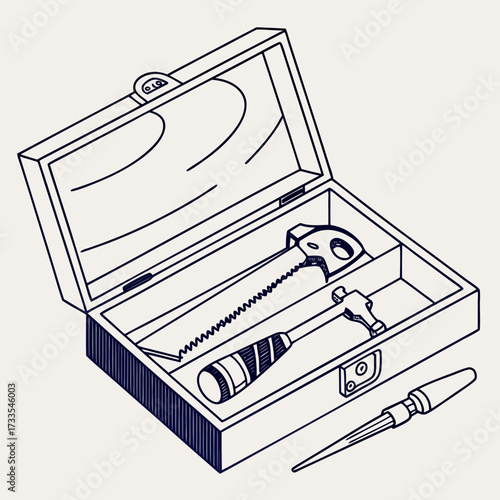 A detailed isometric line drawing of an open wooden toolbox containing a saw a hammer and a file presented on a plain background