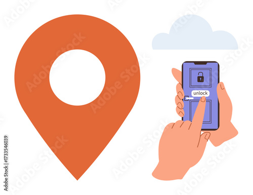 Hands using phone to unlock with large location marker and cloud, suggesting digital navigation. Ideal for navigation, technology, security, mobile access, GPS, cloud service, simple flat metaphor