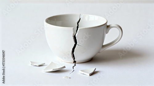 Broken white cup on table