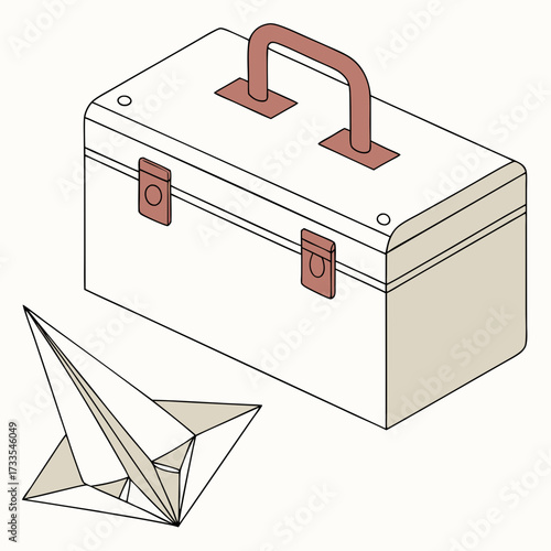 A minimalist illustration of a vintage white toolbox with a brown handle and clasps next to a geometric origami star on a plain background