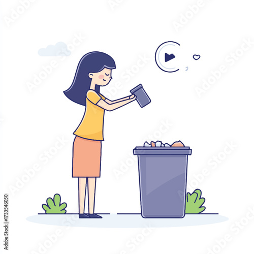 Woman throwing trash into the bin recycling and waste management concept