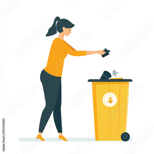 Woman throwing trash into yellow bin.