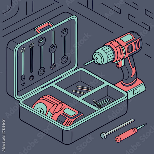 A modern illustration of a red and teal cordless drill and various tools neatly organized within a dark gray toolbox showcasing a diy or repair concept