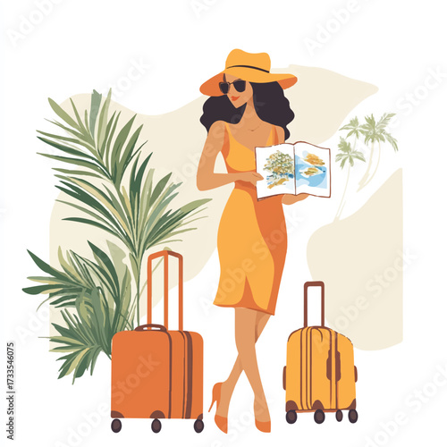 Woman Traveler with Luggage and Map Ready for Vacation.