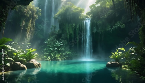 Beautiful natural waterfall cascade flowing in the green forest landscape with mossy rocks and trees