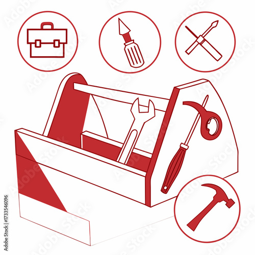 A red line art illustration of a toolbox filled with various tools including a wrench screwdriver and hammer with additional tool icons above and beside it