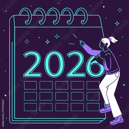 A stylized illustration of a woman interacting with a large calendar displaying the year 2026 symbolizing planning and future anticipation